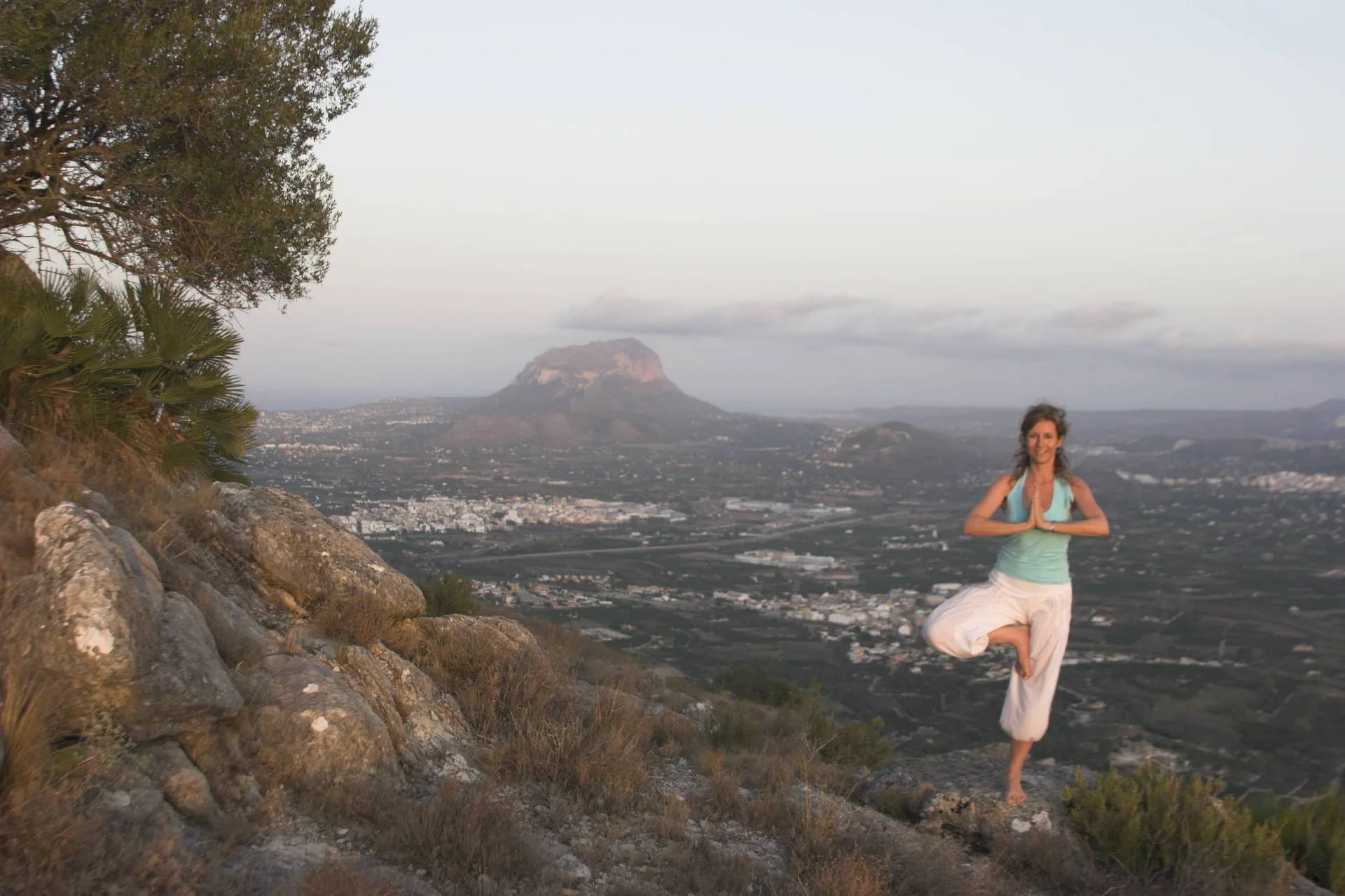 A woman performs a graceful tree pose on a mountain cliff with a panoramic valley view.
