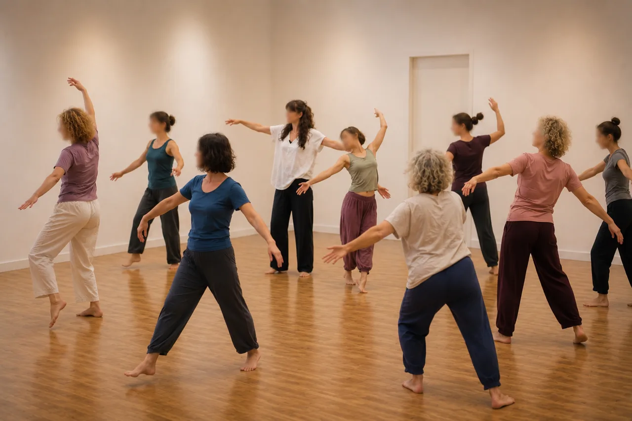Group of women engage in expressive contemporary dance class in a bright studio space.