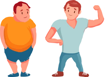 Cartoon illustration contrasting an overweight man with a lean muscular man flexing his arm.