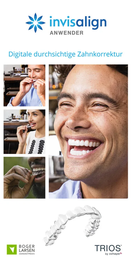 Invisalign clear aligner promotional flyer showing patients inserting transparent aligners.