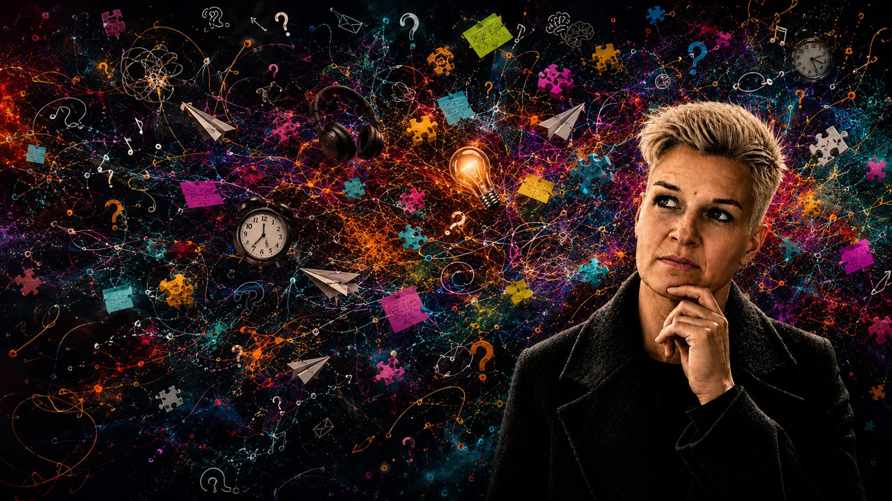 Woman in thoughtful pose surrounded by a colorful explosion of ideas and symbols on dark background.
