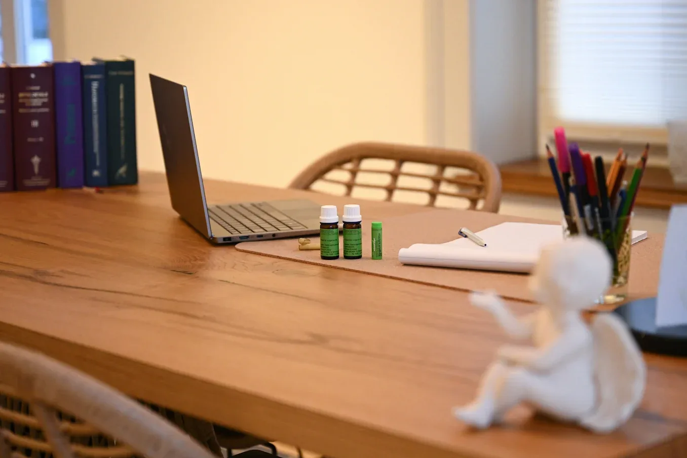 A warm wooden desk with homeopathic remedy bottles, a notebook, and colorful pencils.