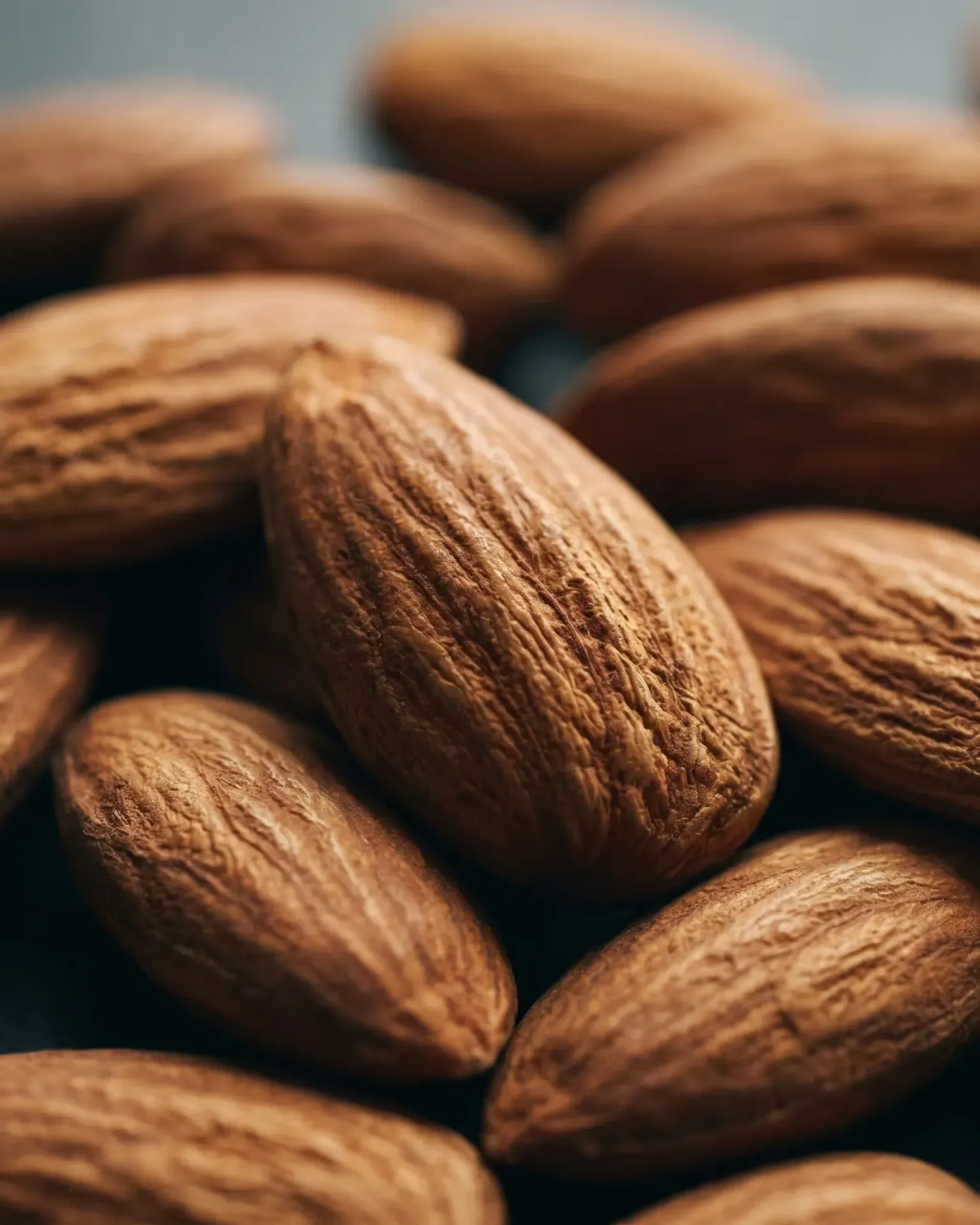 Close-up macro shot of raw almonds with rich brown textured shells.