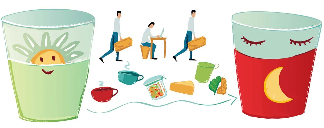 Illustrated infographic showing a daily routine from morning herbal tea to nighttime rest with food items.