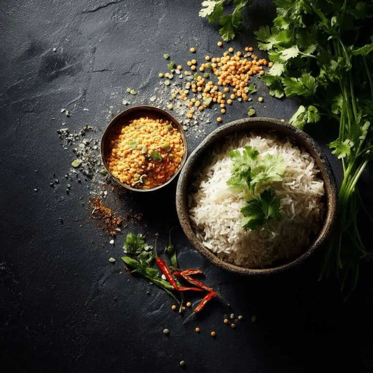Rice and lentil dal with cilantro and spices — an Ayurvedic staple dish that visually anchors the article's focus on ancient nutritional wisdom.